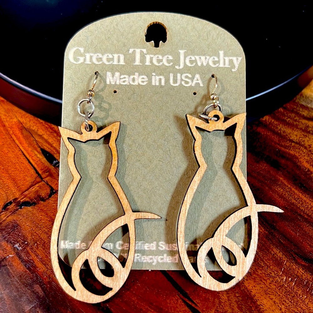 Green Tree wood cat earrings.